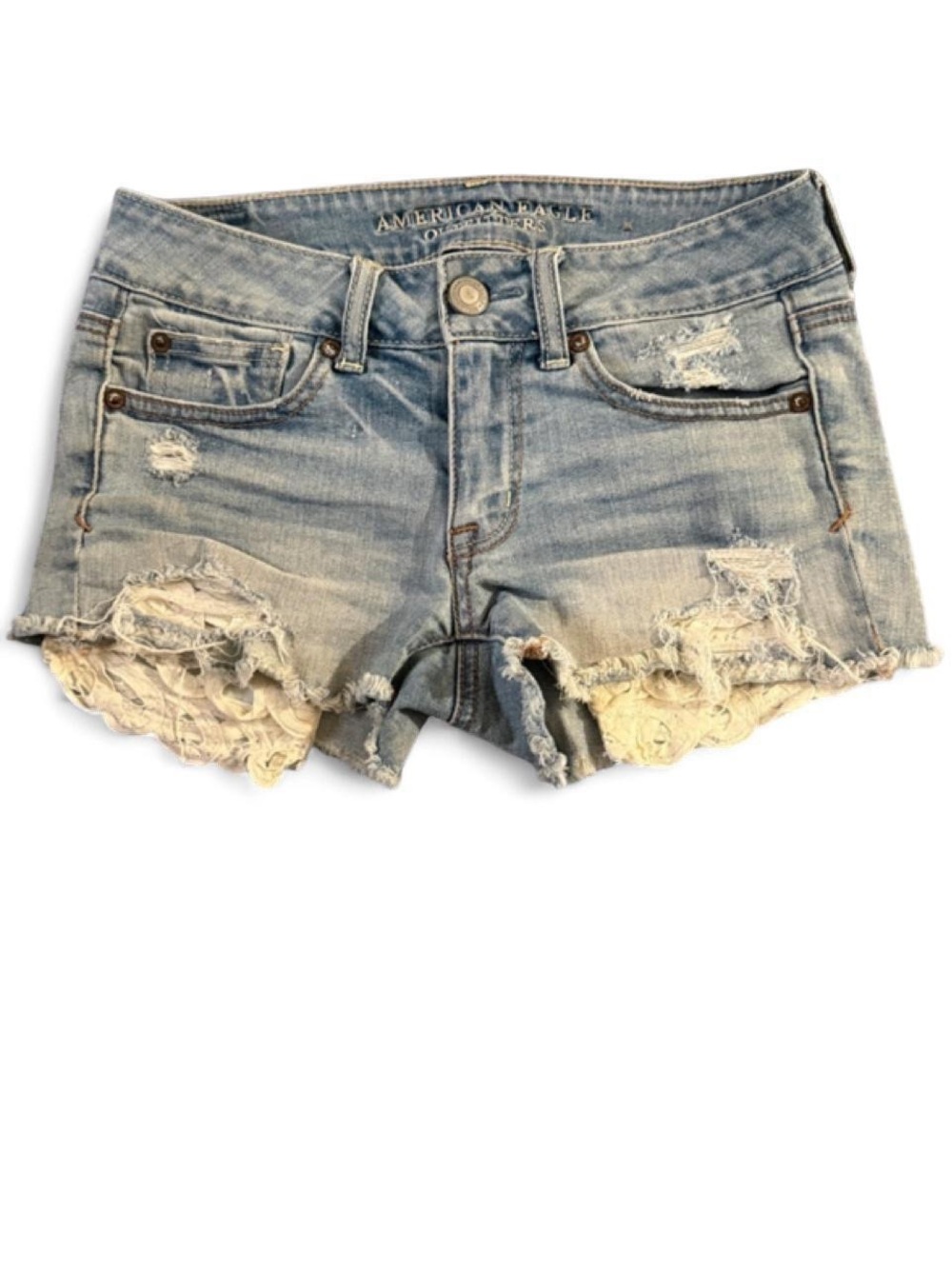 2000s American Eagle Low Rise Distressed Denim Shorts Lace Pockets Shortie